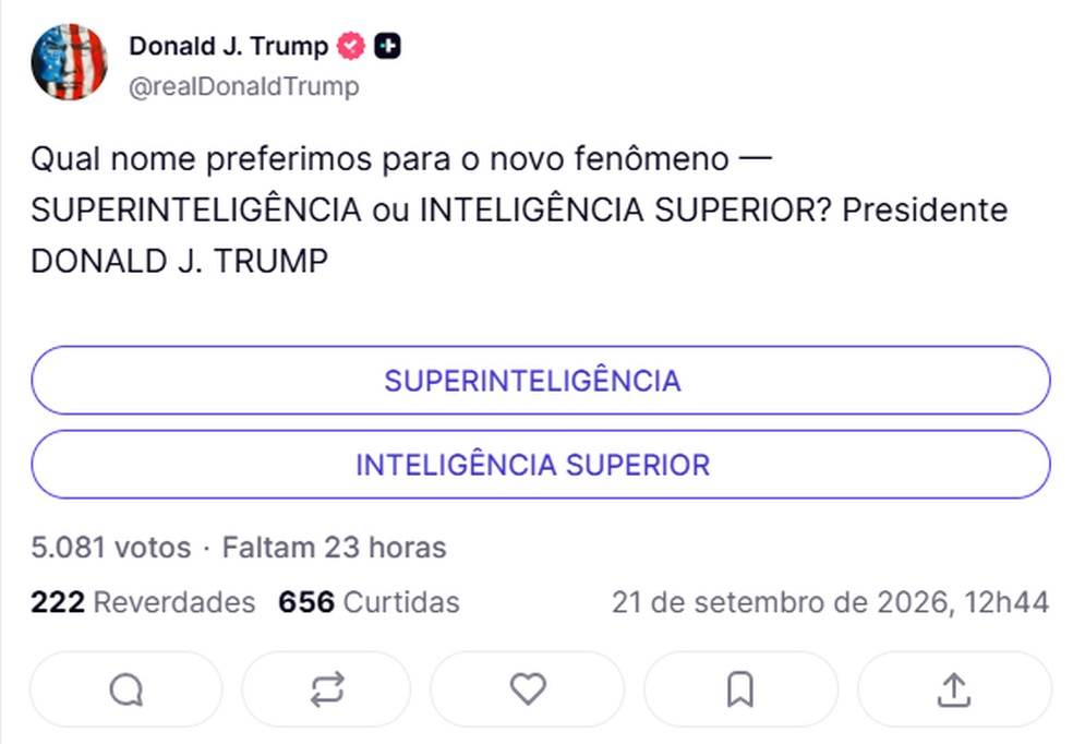 A nova publicação oferece duas sugestões para um novo nome para a tecnologia da IA — Foto: Reprodução: Truth Social
