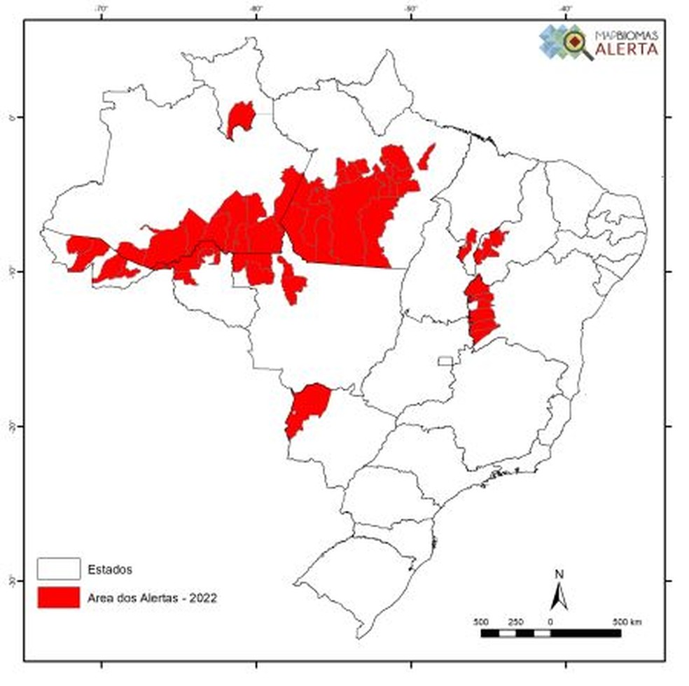 Mapa de 50 municípios que lideram ranking de desmatamento em 2022 por área desmatada — Foto: Reprodução/MapBiomas