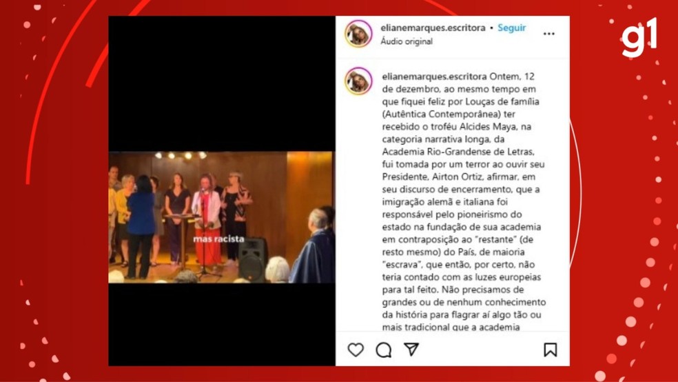 Escritora Eliane Marques publicou discurso sobre fala de teor racista em evento da Academia Rio-grandense de Letras — Foto: Reprodução/Instagram