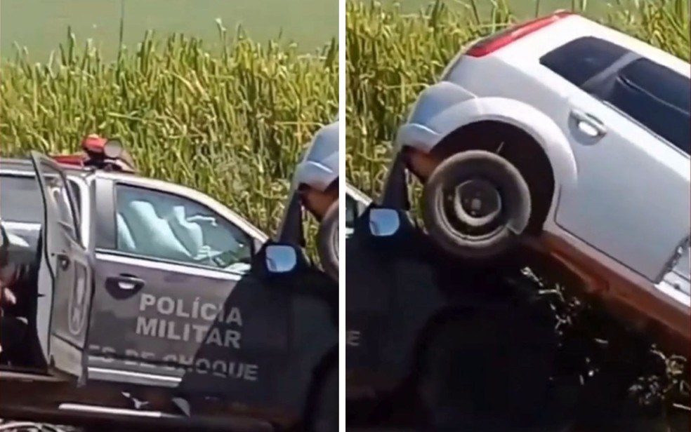 Aps batida, carro foi parar em cima de viatura da Polcia Militar, em Gois  Foto: Reproduo/Redes sociais