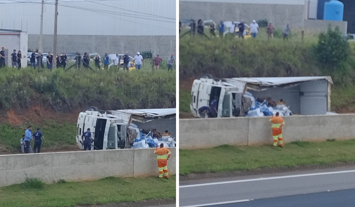 Caminhão tomba, derruba carga e bloqueia passagem de rodovia em Mogi Guaçu