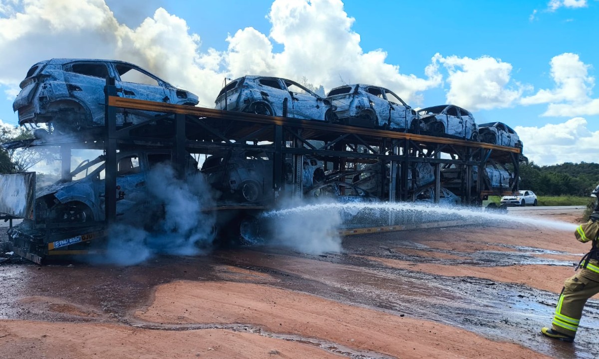 Caminhão-cegonha com 11 carros elétricos pega fogo na BR-101
