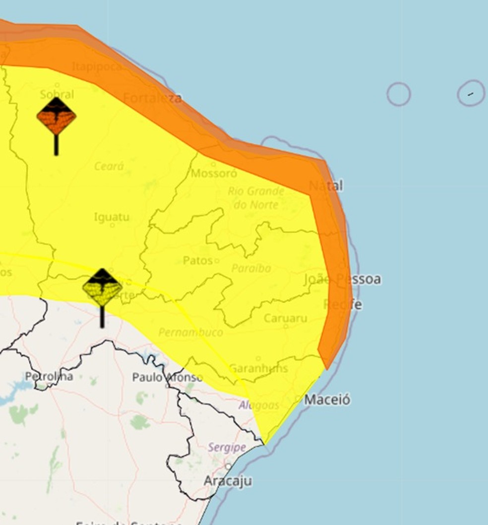 Chuvas atingem todo o RN, mas alerta laranja pega Natal e boa parte do litoral — Foto: Divulgação/Inmet