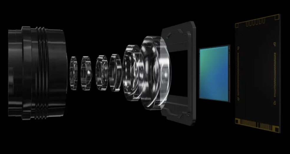 Imagem mostra estrutura da câmera de um celular com sensor Sony Lytia ao fundo — Foto: Sony/Divulgação