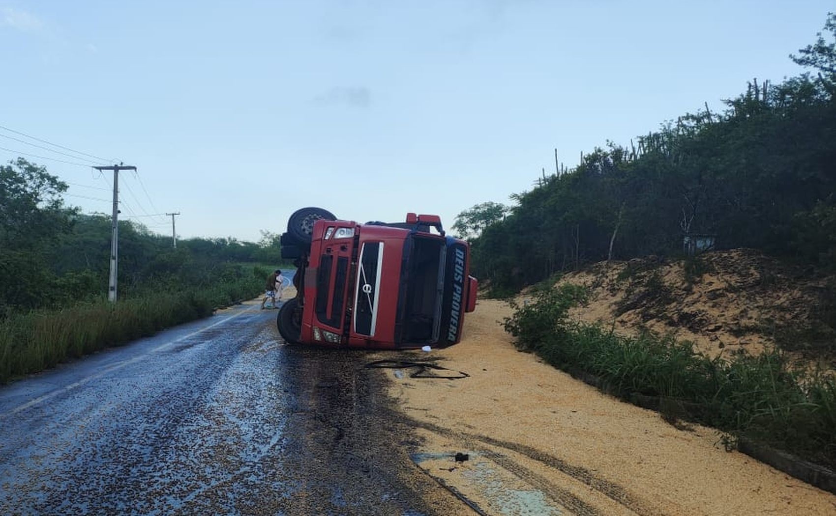 Caminhão carregado de milho tomba na SE-179 