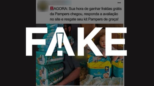 É #FAKE anúncio que promete fraldas grátis e exige pagamento do frete - O anúncio leva a um site falso, que tem endereço diferente do site autêntico da Pampers. A empresa alerta em suas redes sociais que não faz quiz e nunca solicita pagamentos nem vende produtos no site ou nas redes sociais.