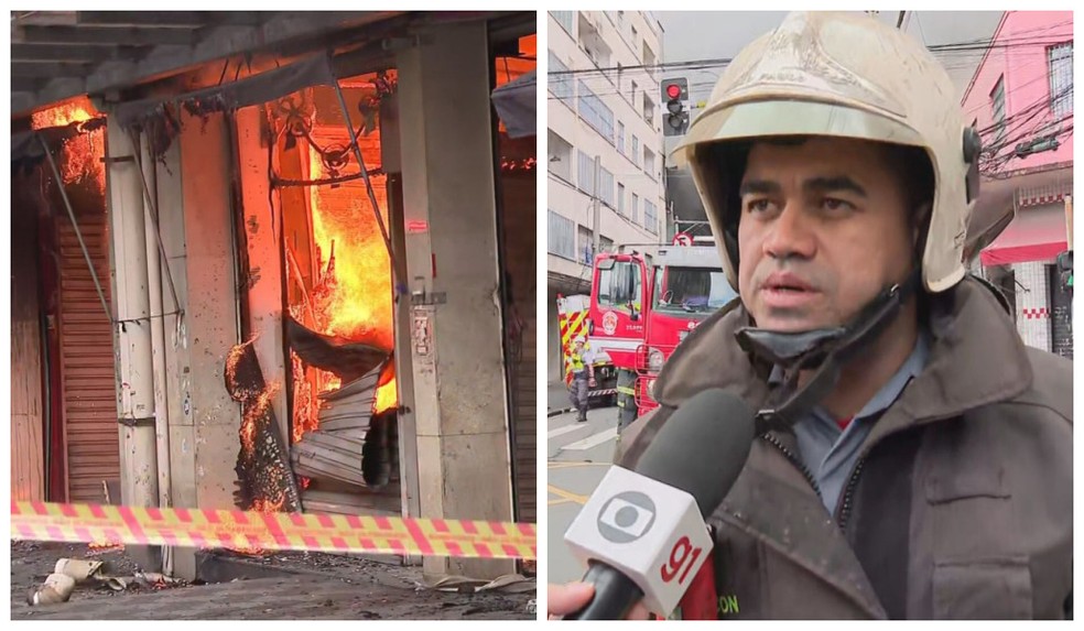 O capitão Maykon Cristo, responsável pela operação que tenta controlar as chamas no Shopping 25, da rua Barão de Ladário, no Brás. — Foto: Reprodução/TV Globo