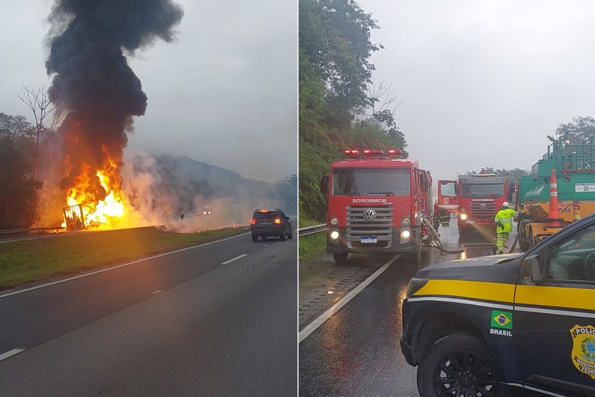 Incêndio em carreta com 25 mil litros de óleo bloqueia Régis Bittencourt em SP