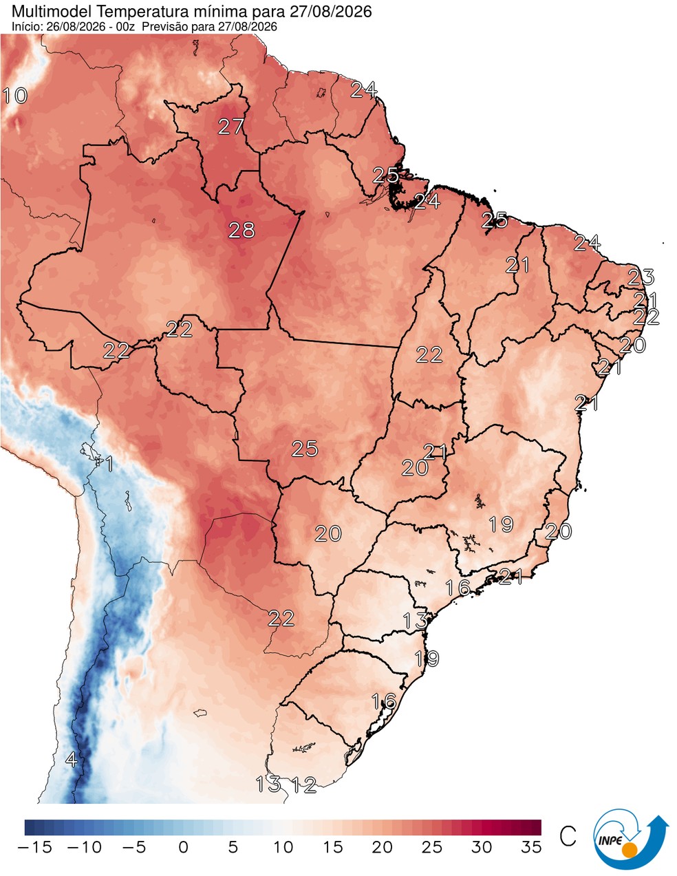 Temperaturas mínimas previstas para esta quinta em todo o Brasil. — Foto: CPTEC/Inpe