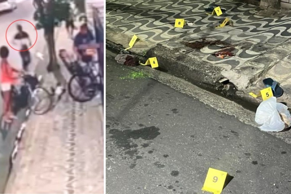 Homem foi executado na frente da esposa e do filho em Santos (SP) — Foto: Reprodução e Yasmin Braga/TV Tribuna