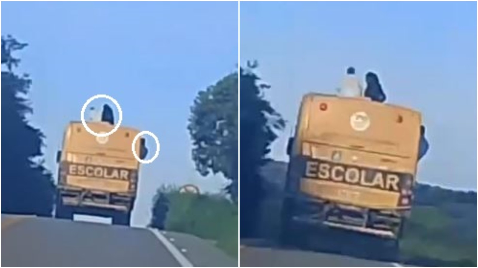 Ônibus escolar trafega com alunos sentados no teto e na janela do veículo; vídeo