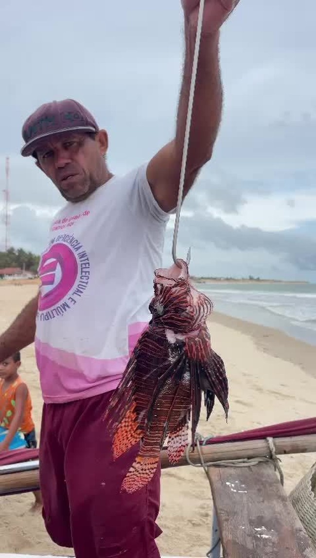 Pescador captura peixe-leão no litoral de Touros, RN