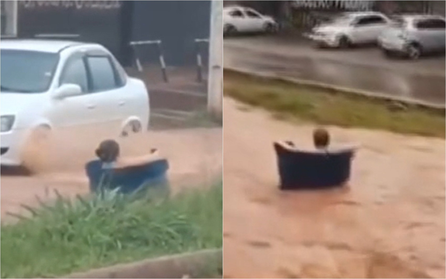 Moradora usa caixa d'água para sair de casa após rua ‘virar rio’ durante chuva; vídeo