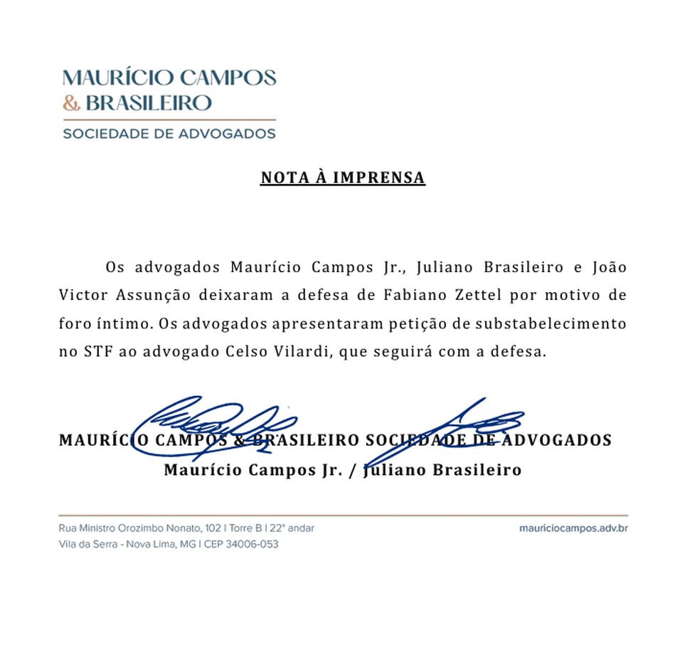 Nota à imprensa dos antigos advogados de Fabiano Zettel, cunhado de Daniel Vorcaro. — Foto: Reprodução