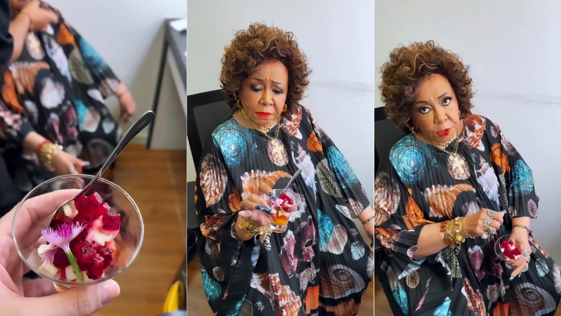 Alcione recusa pitaya com bom humor e reação viraliza nas redes sociais: 'Não como flor'
