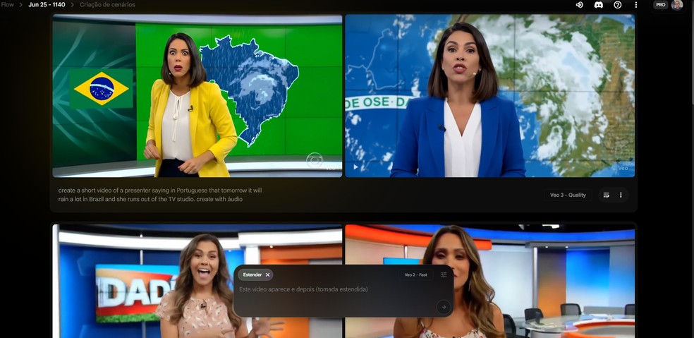 Timeline do Google Flow, onde são criados vídeos de meme postados no TikTok — Foto: Reprodução/Google Flow