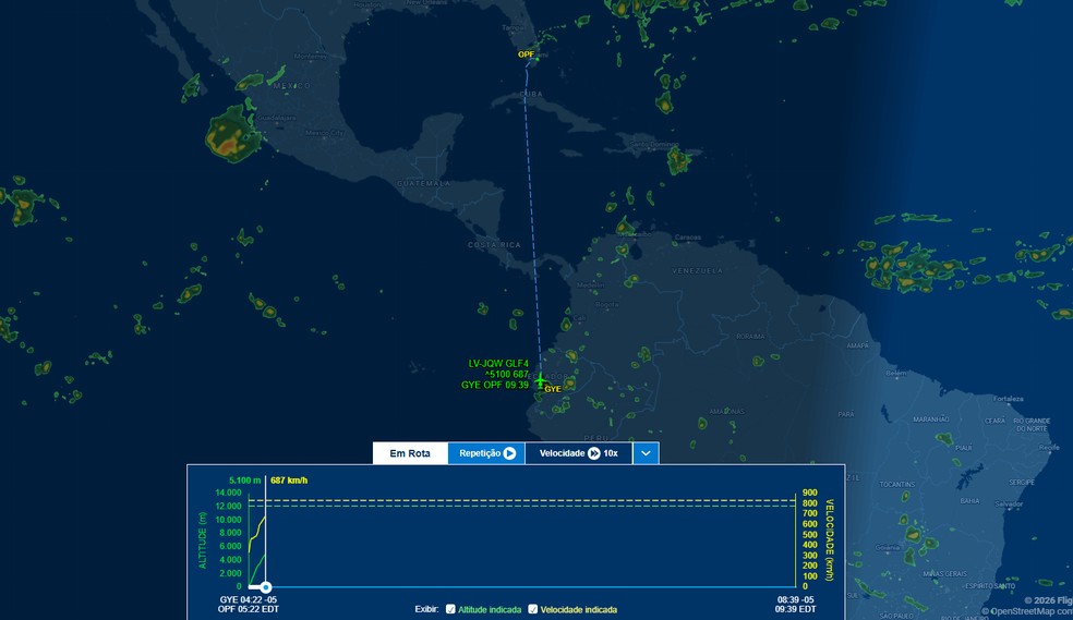 Rota de voo de Flávio Bolsonaro e família entre Guayaquil, no Equador, e Miami, nos Estados Unidos, em 28 de outubro de 2026. — Foto: Reprodução/FlightAware