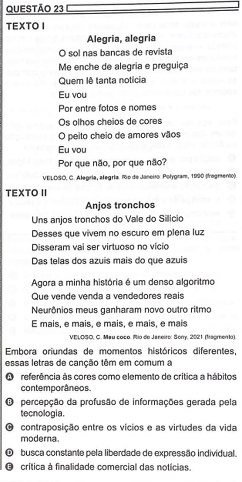 Questão do Enem 2023 cita canções de Caetano Veloso — Foto: Reprodução/Inep