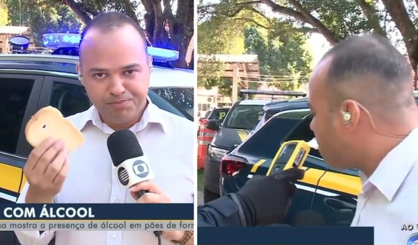 Repórter come pão de forma ao vivo, faz teste do bafômetro e é 'autuado' no Piauí — Foto: Reprodução