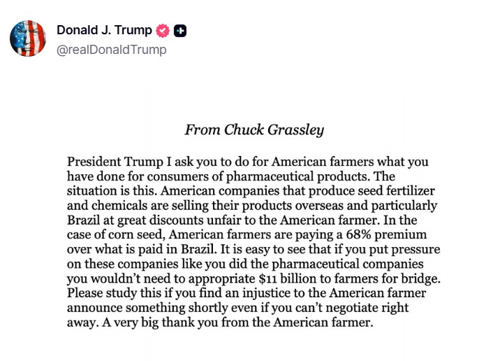 Trump publica mensagem de senador que pede insumos agrícolas mais baratos nos EUA e diz que produtores brasileiros pagam menos por sementes