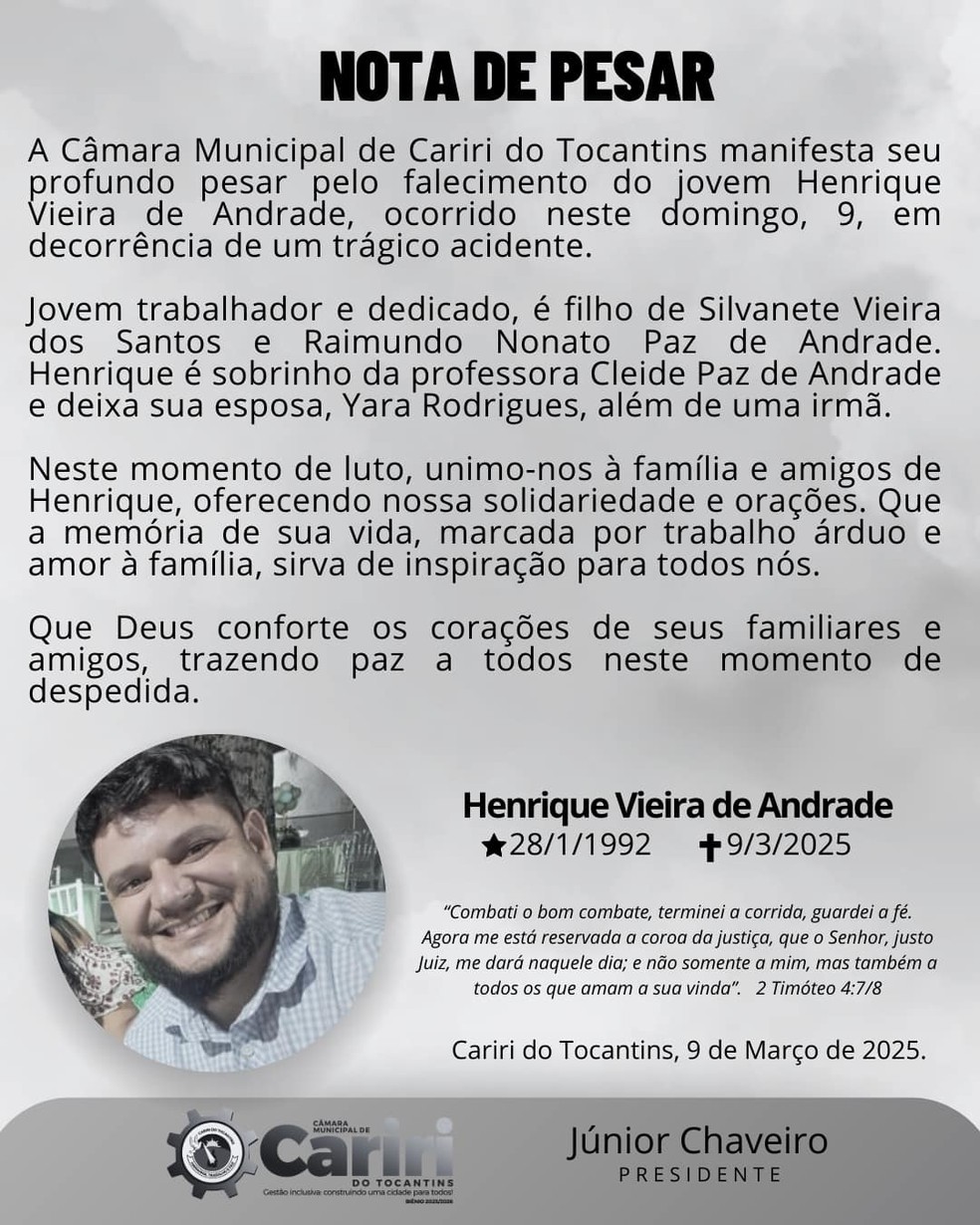 Veja nota de pesar pela morte de Henrique Vieira de Andrade — Foto: Divulgação/Câmara de Cariri