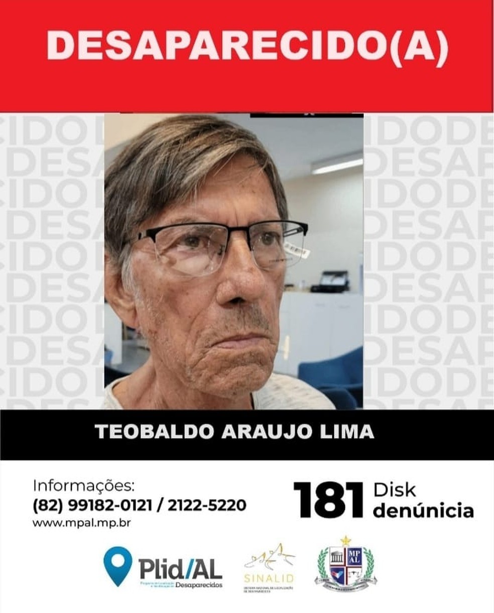 Teobaldo Araújo Lima, turista de 83 anos de Salvador que desapareceu em Maceió — Foto: Ministério Público de Alagoas