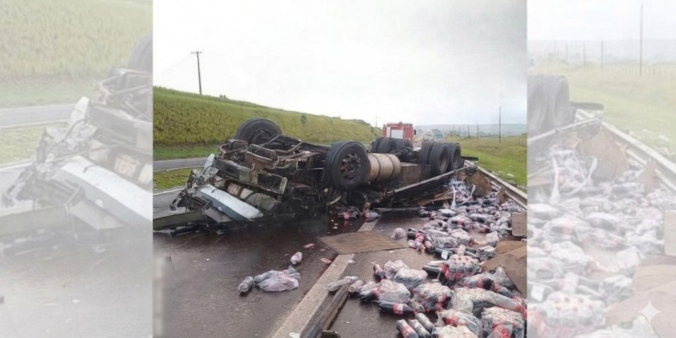 1 de 3
Caminh&atilde;o de refrigerantes tombou na SP-225 na manh&atilde; desta sexta (20) ap&oacute;s colidir com um carro em pane mec&acirc;nica &mdash; Foto: Tem Coisas Que S&oacute; Acontecem em Ja&uacute;