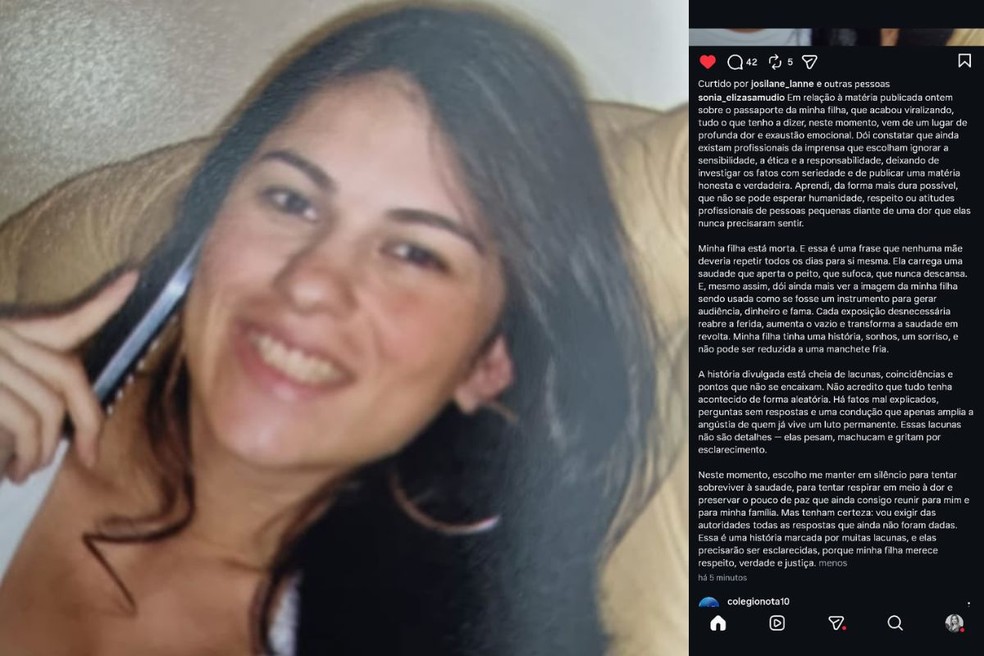 Mãe de Eliza Samudio fez publicação nas redes sociais. — Foto: Reprodução
