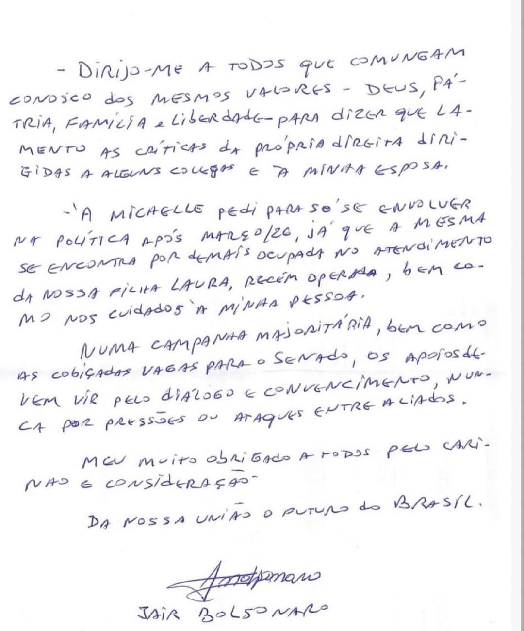 Eleições 2026: Em carta, Bolsonaro lamenta críticas da direita a Michelle e diz que apoios devem vir pelo 'diálogo e convencimento'