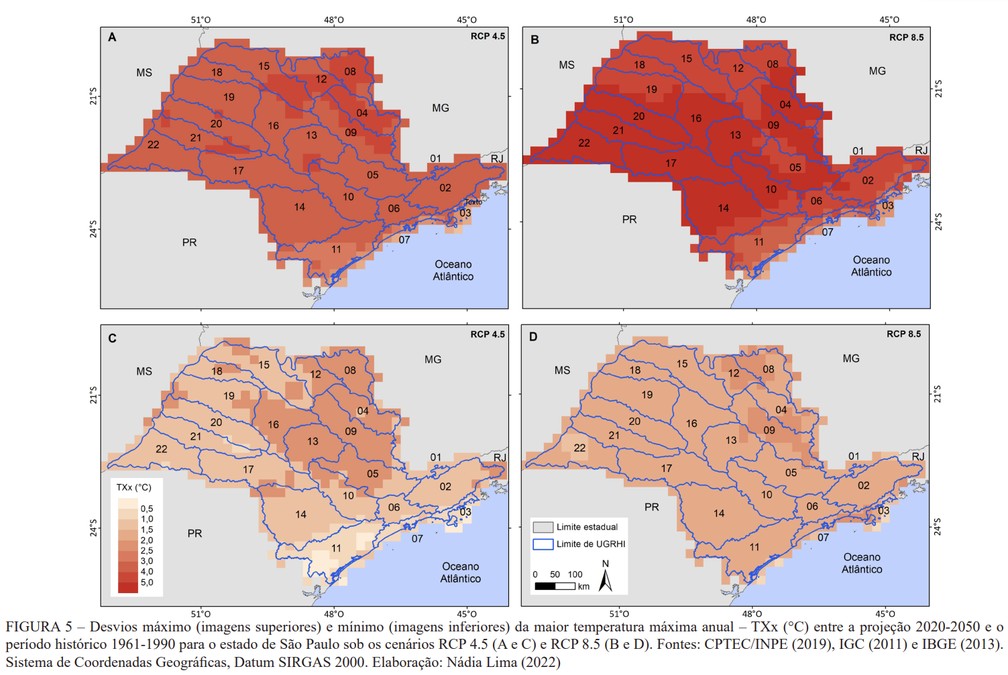 Desvios máximos e mínimos da maior temperatura anual em SP projetados para 2020-2050 — Foto: Reprodução