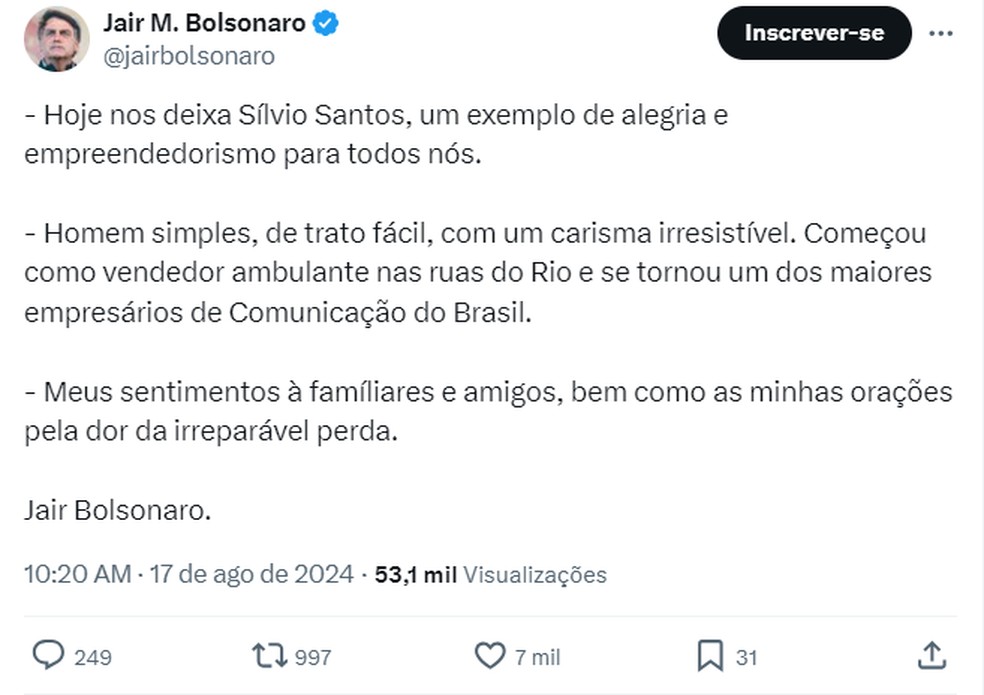 Publicação de Jair Bolsonaro na rede social X sobre a morte de Silvio Santos — Foto: X/Reprodução