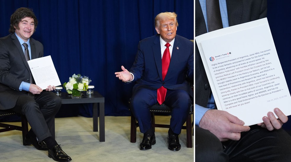 Trump presenteou Milei com a versão impressa de um post em que declara apoio ao presidente argentino — Foto: Evan Vucci/AP