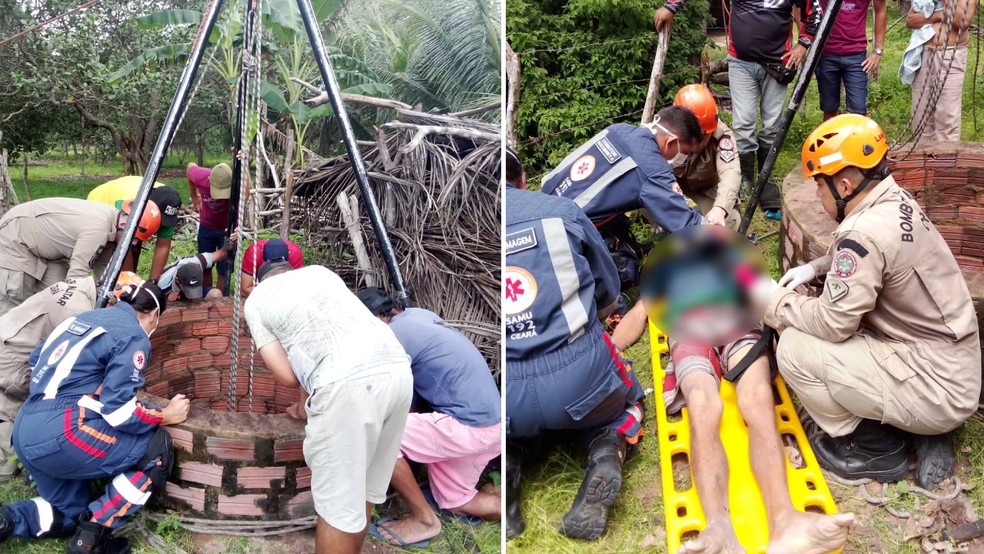 Homem de 37 anos é resgatado de cacimba de 20 metros — Foto: Reprodução