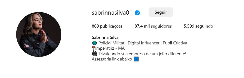 PM Sabrinna Silva também se diz influenciadora digital em Imperatriz — Foto: Reprodução/Redes sociais