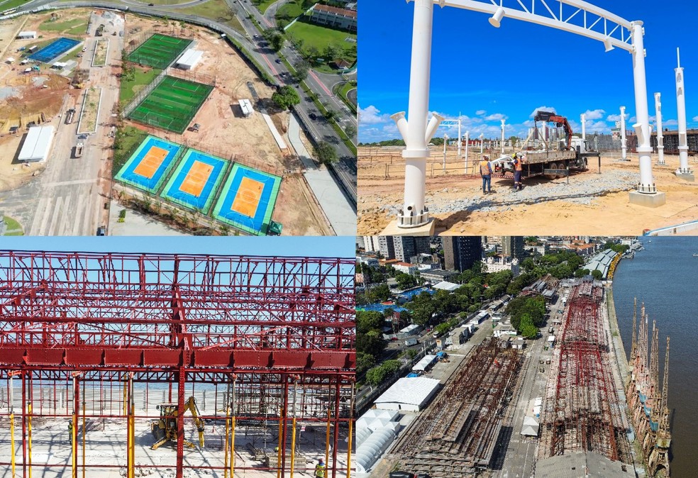 (acima) Obras do Parque da Cidade em junho de 2024; (abaixo) Obras do Porto Futuro II em junho de 2024. — Foto: Reprodução / 2024