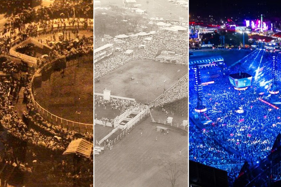 A arena da Festa do Peão de Barretos nos anos 1950, em 1985 e em 2023 — Foto: Acervo Museu Municipal Ruy Menezes/ Acervo Mussa Calil/André Monteiro