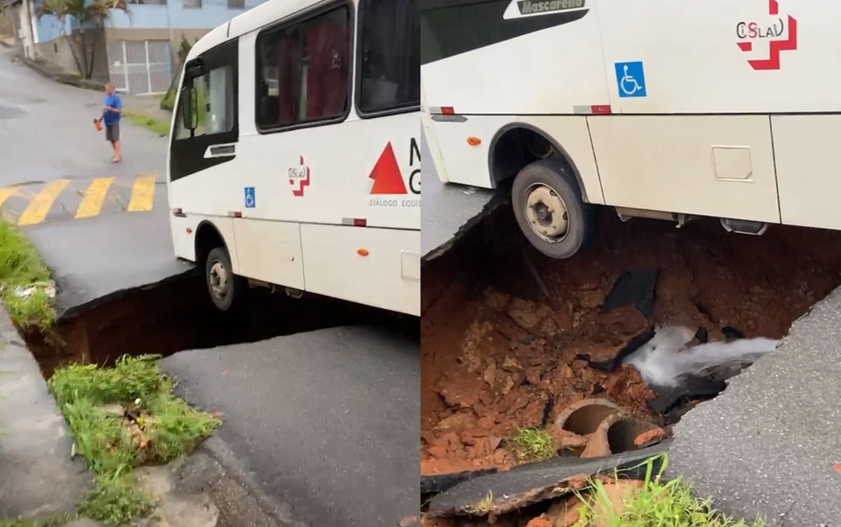 Micro-ônibus fica pendurado em cratera aberta em rua de Lavras, MG