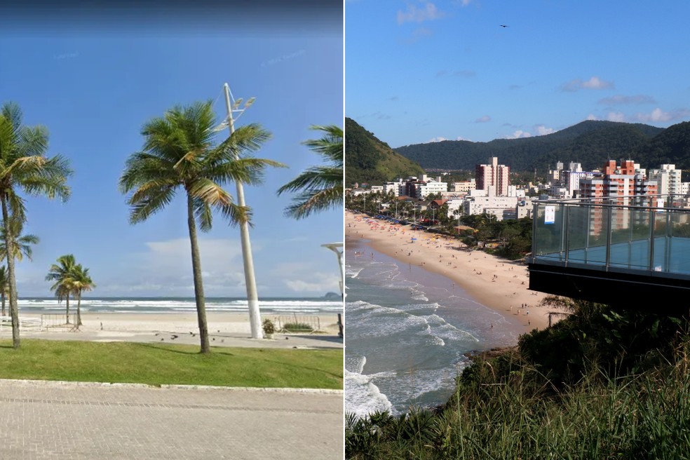 Praia da Enseada (à esq.) e Mirante do Morro do Maluf (à dir.) em Guarujá, SP — Foto: Reprodução e Alexsander Ferraz/A Tribuna Jornal