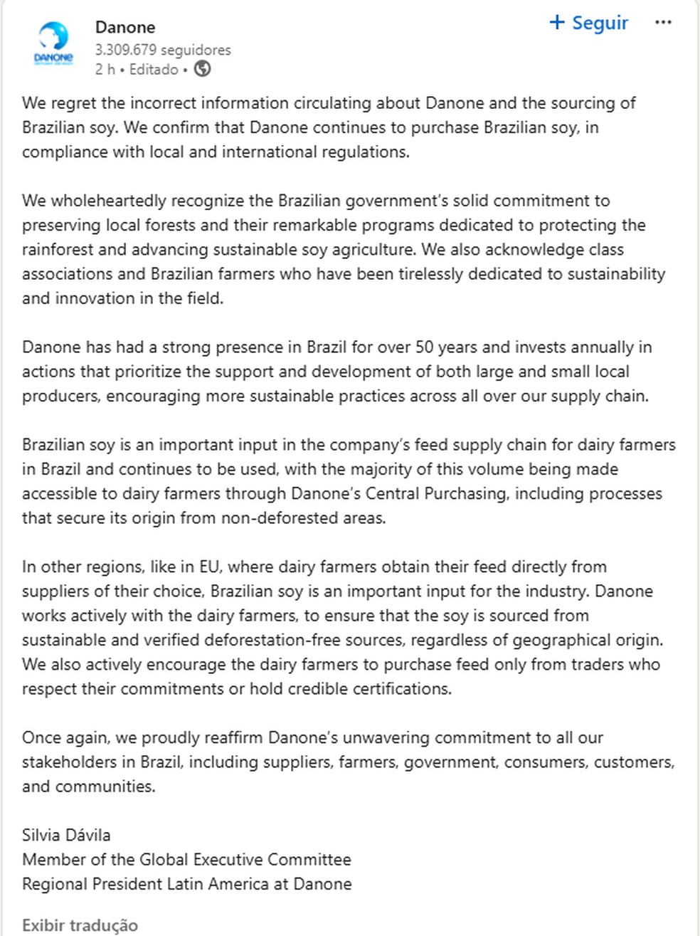 Nota Danone internacional  Foto: Divulgao/LinkedIn