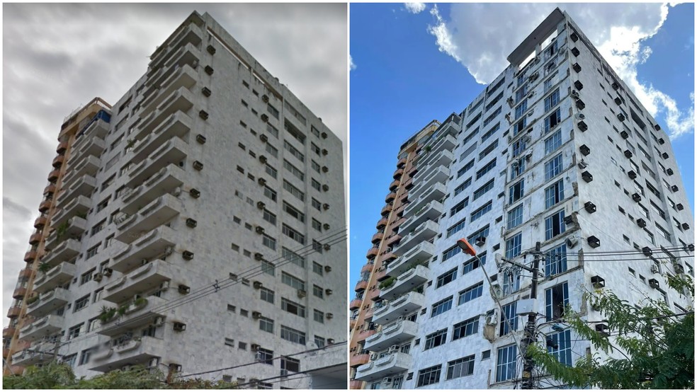 ANTES e DEPOIS - Sacadas de prédio residencial desabam em Belém — Foto: Google Street View/Reprodução e TV Liberal/Reprodução