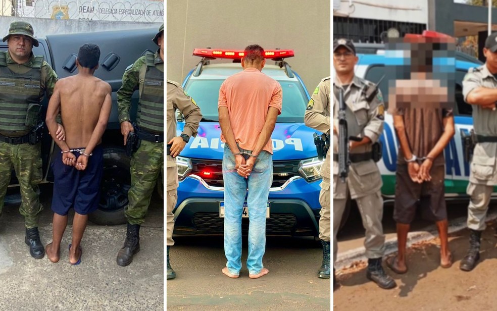 Homens presos suspeitos de incêndios criminosos em Caldas Novas, Mineiros e Itumbiara, respectivamente — Foto: Divulgação/Polícia Militar