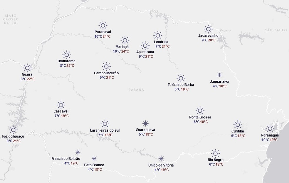 Previsão do tempo do Simepar para terça-feira, 12 de agosto — Foto: Reprodução/Simepar
