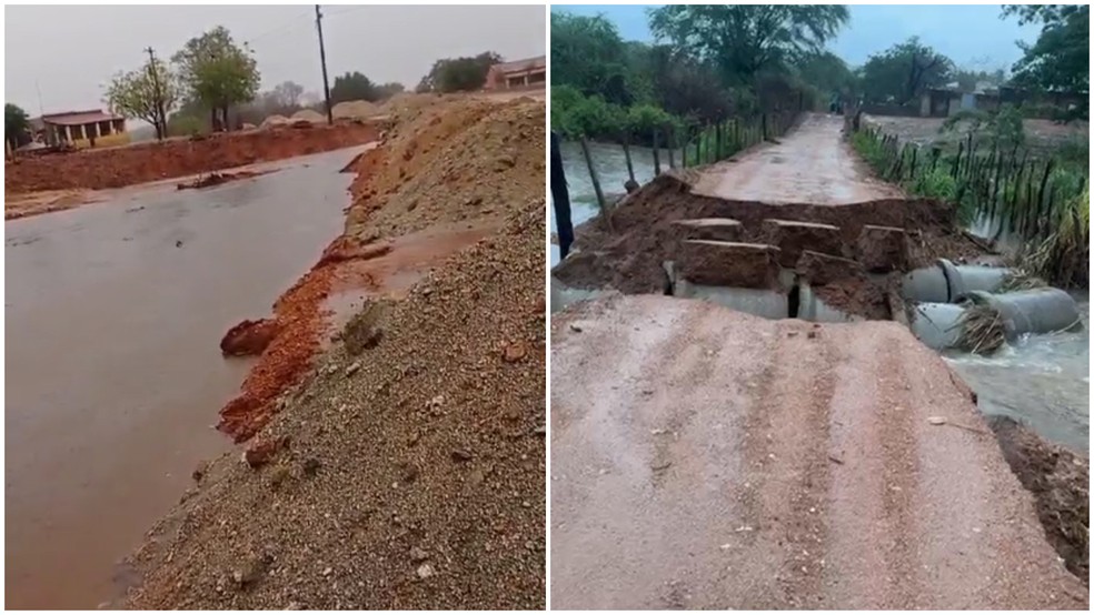 Moradores filmaram estradas destruídas ou submersas pela chuva em Hidrolândia — Foto: Reprodução