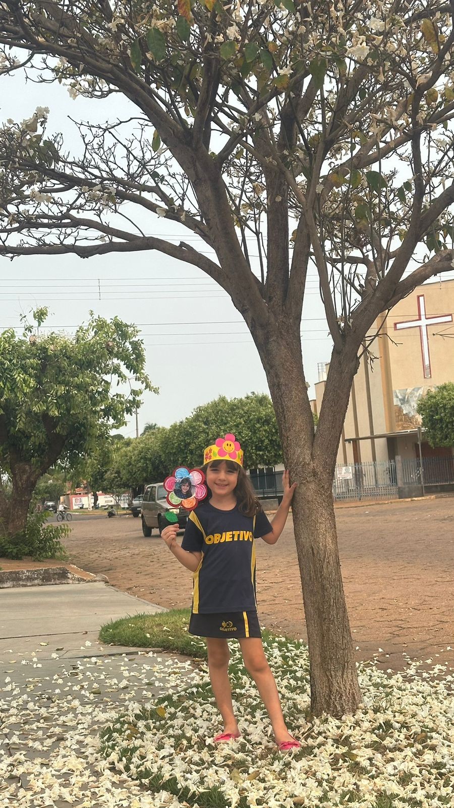 Avó faz linha do tempo com registro anual da neta em fotos ao lado de ipê-branco florido e exalta chegada da primavera