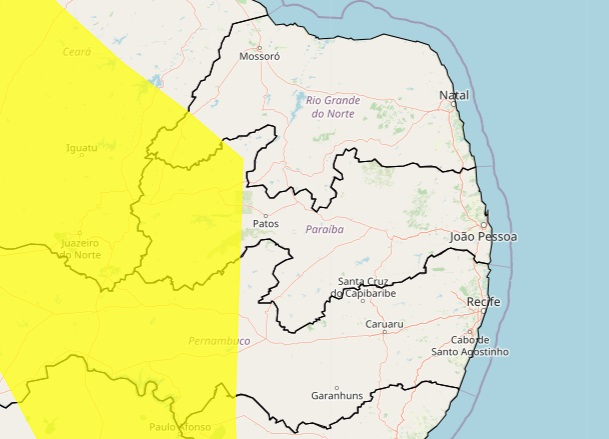 Inmet emite alerta para perigo de chuvas intensas para 70 cidades do Sertão da PB; veja lista