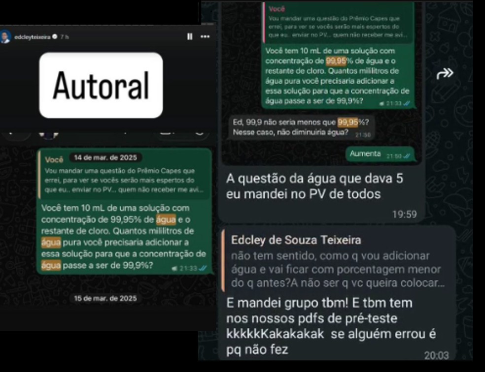 Prints de conversas de Whatsapp mostram que Edcley enviou aos alunos questão quase idêntica à do Enem 2025 — Foto: Arquivo pessoal