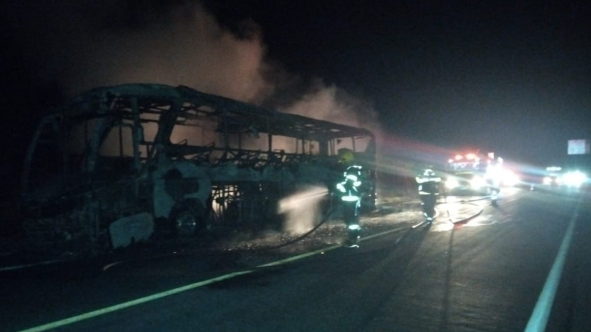 Ônibus com 41 passageiros pega fogo e fica destruído na BR-251, em Salinas