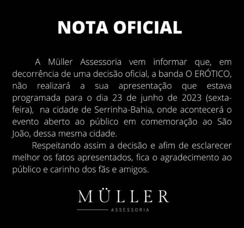 Assessoria da banda 'O Erótico' se pronuncia sobre o cancelamento do show no São João de Serrinha — Foto: Redes sociais
