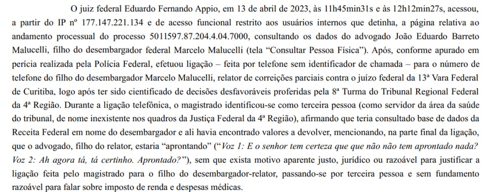 Documento do tribunal aponta que Appio acessou um processo que havia o telefone de João Malucelli — Foto: Reprodução/Tribunal Regional Federal da 4ª Região