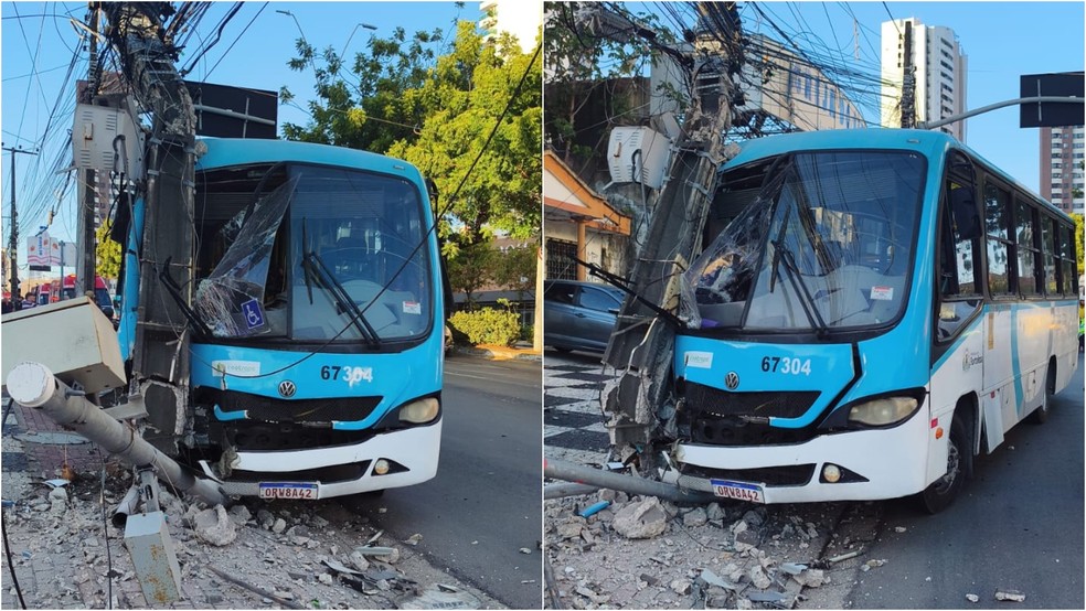 Micro-ônibus colidiu com poste em avenida de Fortaleza. — Foto: Divulgação/Corpo de Bombeiros